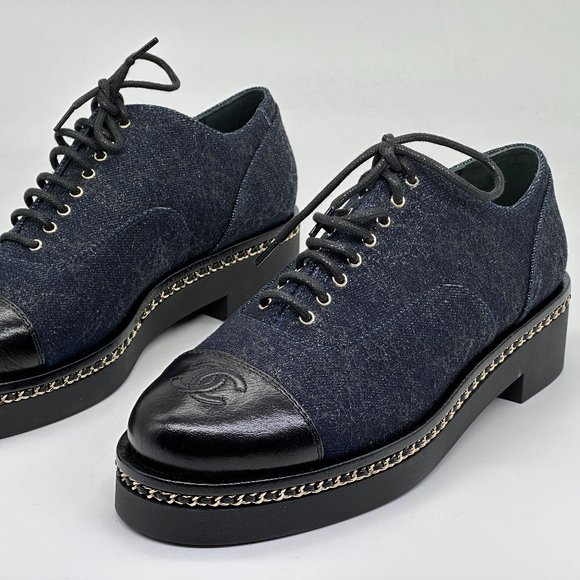 CHANEL 20K Denim Leather Chain Cap Toe Lace Up Oxford Heels Loafers Shoes - Picture 9 of 16